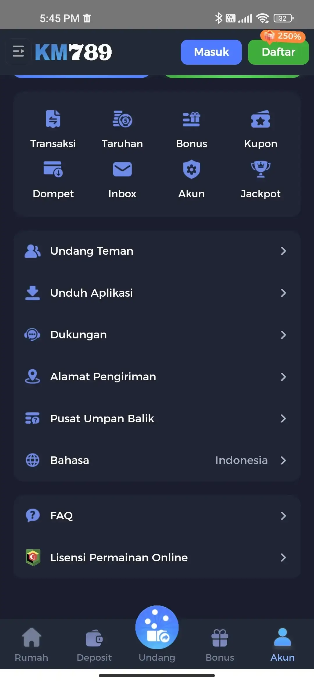 KM789 halaman akun dan menu utama