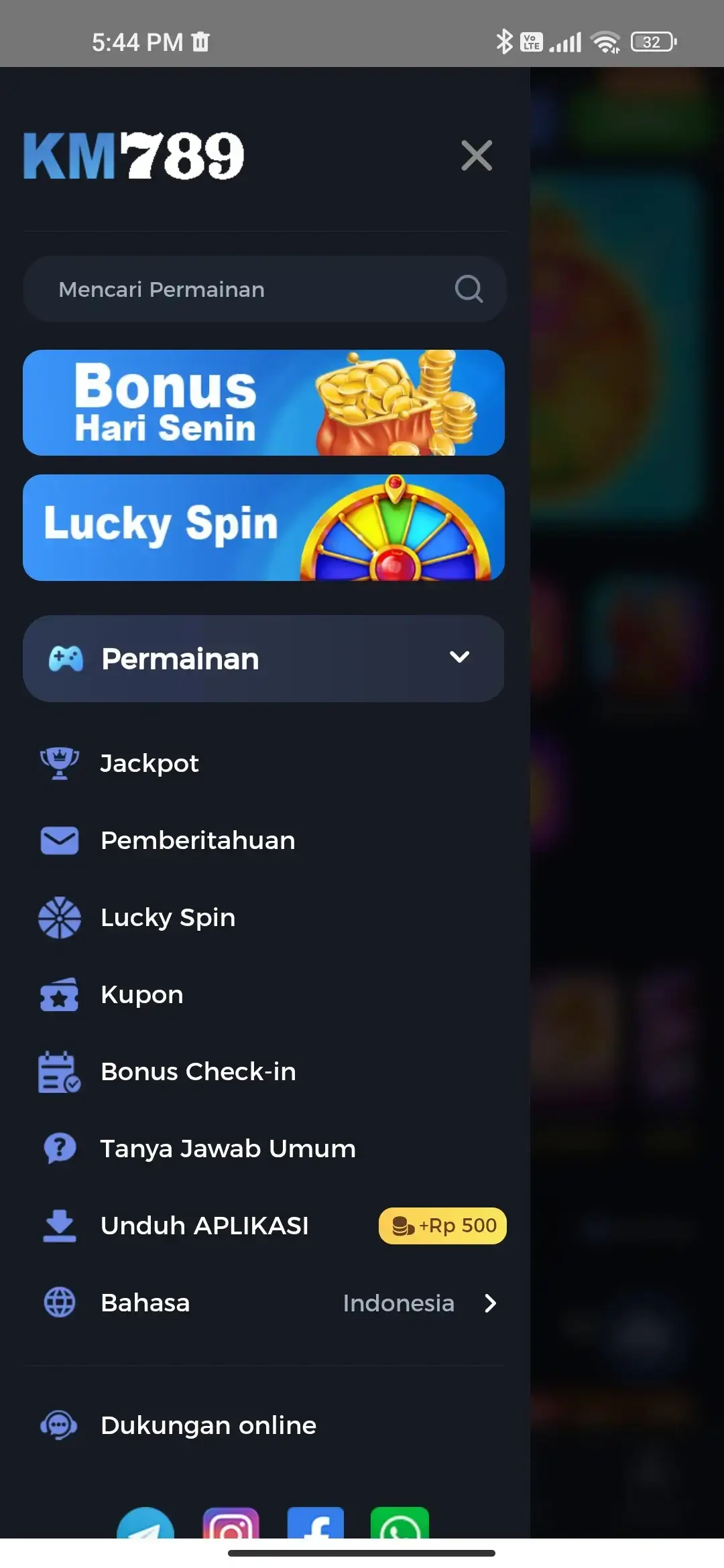 KM789 menu navigasi dengan bonus dan permainan