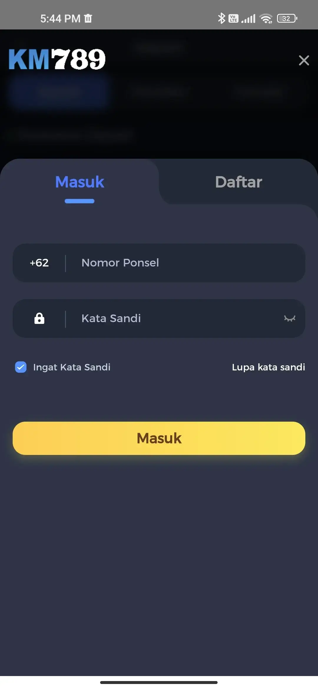 KM789 halaman login dengan nomor ponsel